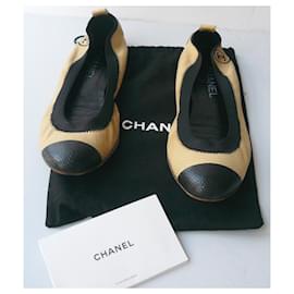 Chanel-CHANEL CAMBON ballerinas Two-tone beige and black lizard-style leather T38,5 IT-Black,Beige