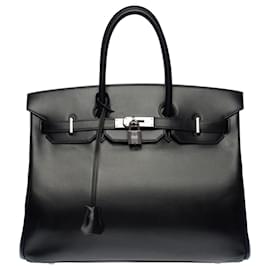 Hermès-Außergewöhnliche und sehr seltene Hermes Birkin Handtasche 35 Black Box Leder, Palladium Silber Metallverkleidung-Schwarz