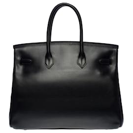 Hermès-Exceptionnel et très Rare Sac à main Hermes Birkin 35 en cuir box noir, garniture en métal argent palladium-Noir
