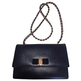 Salvatore Ferragamo Blue Leather Handbag with Chain Strap Blue