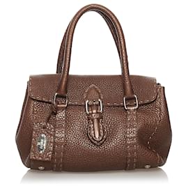 Fendi-Fendi Brown Mini Selleria Linda Sac à main en cuir-Marron,Marron foncé