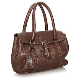 Fendi-Fendi Brown Mini Selleria Linda Sac à main en cuir-Marron,Marron foncé