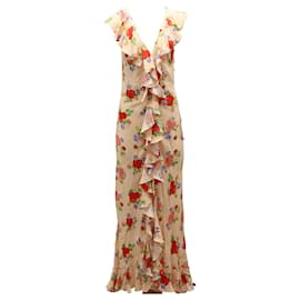 Autre Marque-De La Vali Jolene Floral-print Deep V-neck Ruffled Dress in Beige Silk Chiffon-Beige