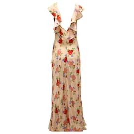 Autre Marque-De La Vali Jolene Floral-print Deep V-neck Ruffled Dress in Beige Silk Chiffon-Brown,Beige