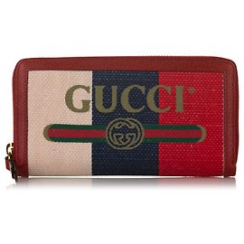 Gucci Red Sylvie Stripe Canvas Zip Around Wallet Red Multiple colors