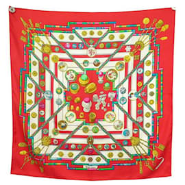 Hermès-HERMES SMALL HAND CATY LATHAM SQUARE SCARF 90 IN RED SILK SILK SCARF-Red