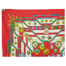 Hermès-HERMES SMALL HAND CATY LATHAM SQUARE SCARF 90 IN RED SILK SILK SCARF-Red