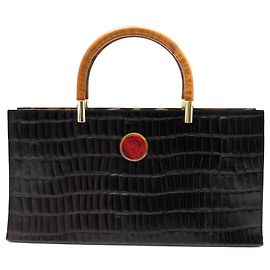 BOLSA KENZO VINTAGE EM COURO CROCO E BOLSA DE MÃO EM COURO COM PUNHO BAMBU Preto
