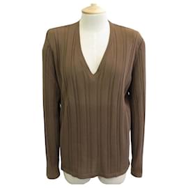 Hermès-NEW HERMES V-NECK TOP 38 M IN BROWN COTTON NEW BROWN COTTON SWEATER TOP-Brown