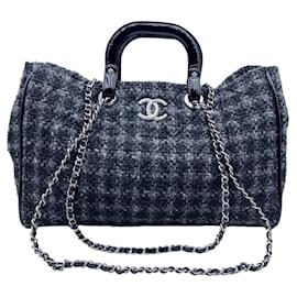 Chanel-Grey Tweed and Patent Leather Tote Shoulder Bag-Grey