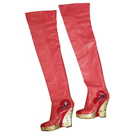 Chanel-Chanel Red Paris Moscow Leather Over Knee Wadge Boots-Dark red