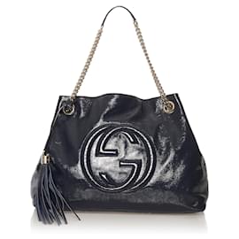Gucci-Gucci Blue Soho Chain Patent Leather Tote Bag-Blue,Navy blue
