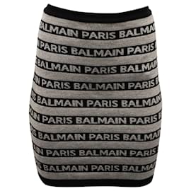 Balmain-Balmain Stripe Logo Knitted Stretch Skirt in Beige Viscose-Beige