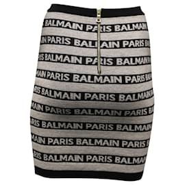 Balmain-Balmain Stripe Logo Knitted Stretch Skirt in Beige Viscose-Beige