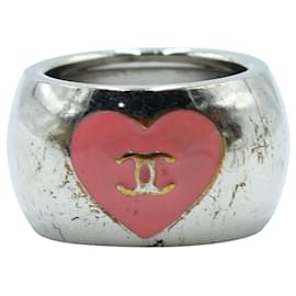 Chanel-Pink and Silver Metallic Heart "CC" Ring-Silvery,Metallic