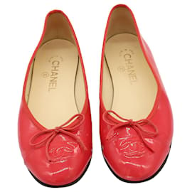 Chanel-Chanel CC Cap Toe Ballet Flats in Light Red Patent Leather-Red