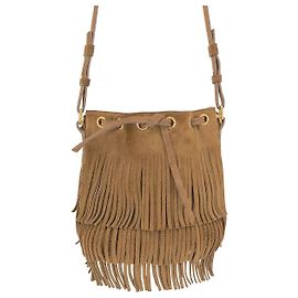 Borsa a secchiello Saint Laurent Emmanuelle in suede caramello con nappine Marrone