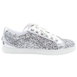 Jimmy Choo  Glitter Low Top Sneakers in Silver Leather Silvery