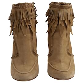 Aquazzura-Aquazzura Tiger Lily Fringed Ankle Boots in Beige Suede-Brown,Beige
