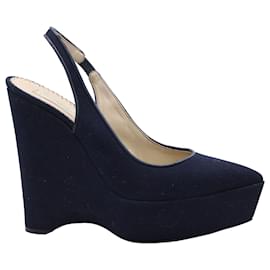 Stella Mc Cartney-Stella Mccartney Slingback Wedge Shoes in Navy Blue Canvas-Blue,Navy blue