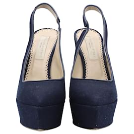 Stella Mc Cartney-Stella Mccartney Slingback Wedge Shoes em lona azul marinho-Azul,Azul marinho