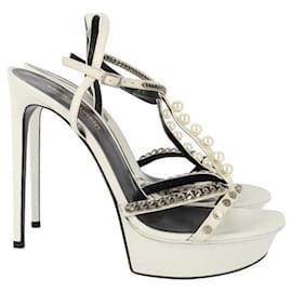 Saint Laurent-White Pearl & Chain Alice 105 Sandals-White,Silver hardware