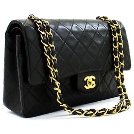 Chanel 2.55 Borsa a tracolla a catena media con patta foderata Pelle di agnello nera Nero
