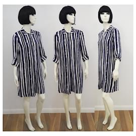Hobbs-Hobbs stripe rayon dress. Size m 38-White,Blue