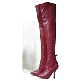 Fendi-Fendi Rockoko Red Leather Thigh High Knit Sock Boot-Dark red