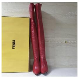 Fendi-Fendi Rockoko Red Leather Thigh High Knit Sock Boot-Dark red