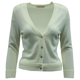 Tory Burch-Tory Burch Cardigan with Logo Buttons in Cream Wool-White,Cream