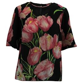 Dolce & Gabbana-Dolce & Gabbana Printed Pink Tulips Top in Black Silk-Black