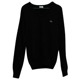 Lacoste-Logo-Pullover mit V-Ausschnitt aus schwarzer Wolle Schwarz