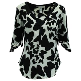 Diane Von Furstenberg-Diane Von Furstenberg Retta Butterfly Print Blouse in Black and White Silk-Black