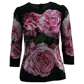 Dolce & Gabbana-Dolce & Gabbana Pink Rose Print in Black Viscose-Black