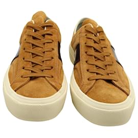 Tom Ford-Tom Ford Cambridge Polished Leather-Panelled Sneakers in Tan Suede-Brown,Beige