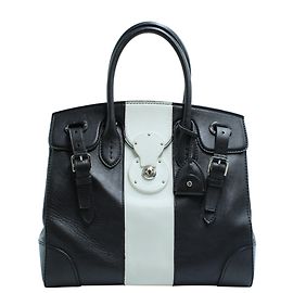 Bolsa Ricky Ralph Lauren Listrada em couro de bezerro preto e branco Preto