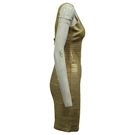 Herve Leger-Herve Leger Scoop Neck Bandage Foil Dress in Gold Rayon-Golden
