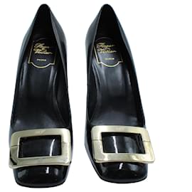 Roger Vivier-Zapatos de salón con punta cuadrada y hebilla en dos tonos de Roger Vivier en charol negro-Negro