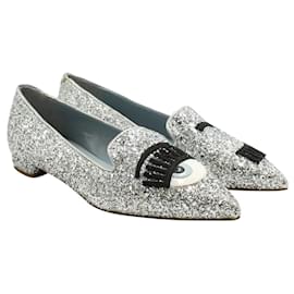 Chiara Ferragni-Pointed Toe Glitter Silver Flats-Silvery,Metallic