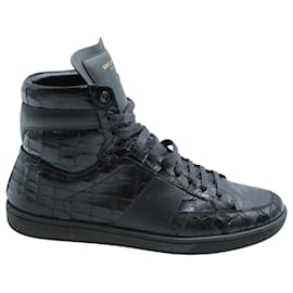 Saint Laurent-Saint Laurent Faux Croc-Embossed High-Top Sneaker in Black Leather-Black