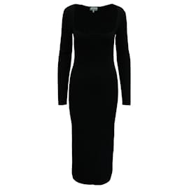 Ganni-Maje Square-Neck Ribbed-Knit Midi Dress in Black Rayon-Black