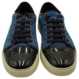 Lanvin-Lanvin Low Top Patent Cap Toe Sneakers in Blue Suede-Blue