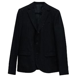 Autre Marque-Alexander McQueen Raw Hem Striped Blazer in Navy Blue Wool-Blue,Navy blue