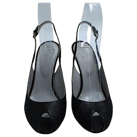 Sergio Rossi-Sergio Rossi Peep Toe Slingback Heels en Cuir Texturé Noir-Noir