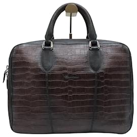 Santoni-Santoni Briefcase in Brown Croc Embossed Leather-Brown