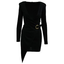 Balmain Asymmetric Wrap Dress in Black Wool Black