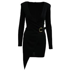 Balmain-Balmain Asymmetrisches Wickelkleid aus schwarzer Wolle-Schwarz