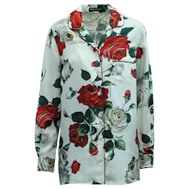 Dolce & Gabbana-Camisa de seda blanca con botones y estampado de rosas de Dolce & Gabbana-Blanco