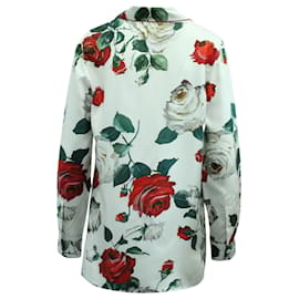 Dolce & Gabbana-Dolce & Gabbana Chemise boutonnée à imprimé roses en soie blanche-Blanc